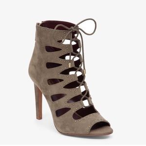 BCBGeneration Cherrie taupe suede back zip stiletto open toe lace up booties 8